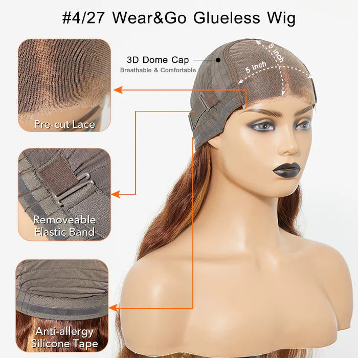 5"x5" Transparent Lace Closure Wig Body Wavy Wear Glueless #4/27 Highlight
