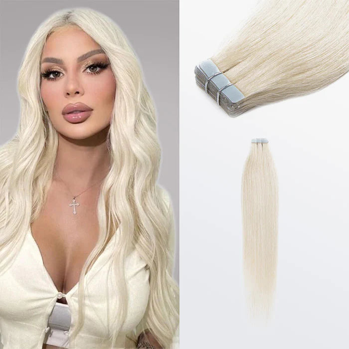 Tape In Remy Hair Extensions #60 White Blonde Premium Quality Straight