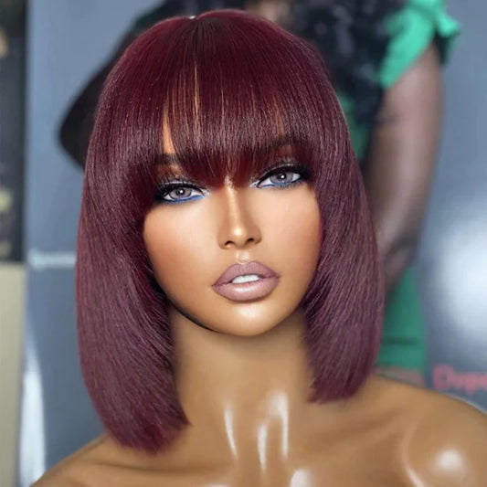 Reddish Purple Layered Cut Yaki Straight 2x1 Lace Bob Wig with Bangs