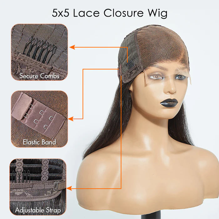 5x5 Transparent Lace Closure Bob Glueless Wig 150% Density Straight
